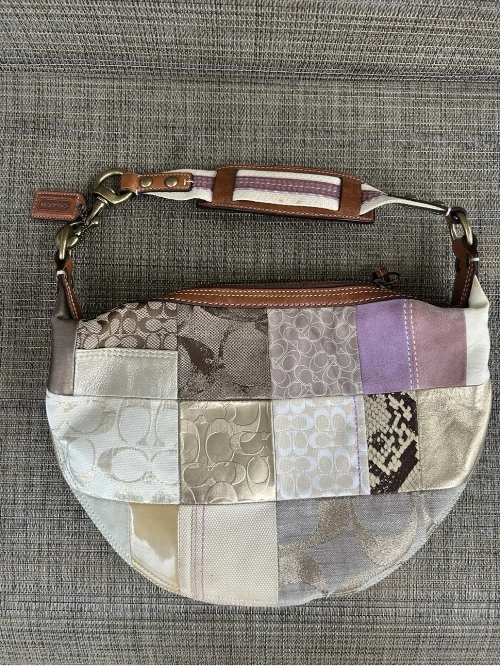 Rare Vintage Coach Y2K Patchwork Leather Trim Hobo Bag 10019 Brown Gold Pink